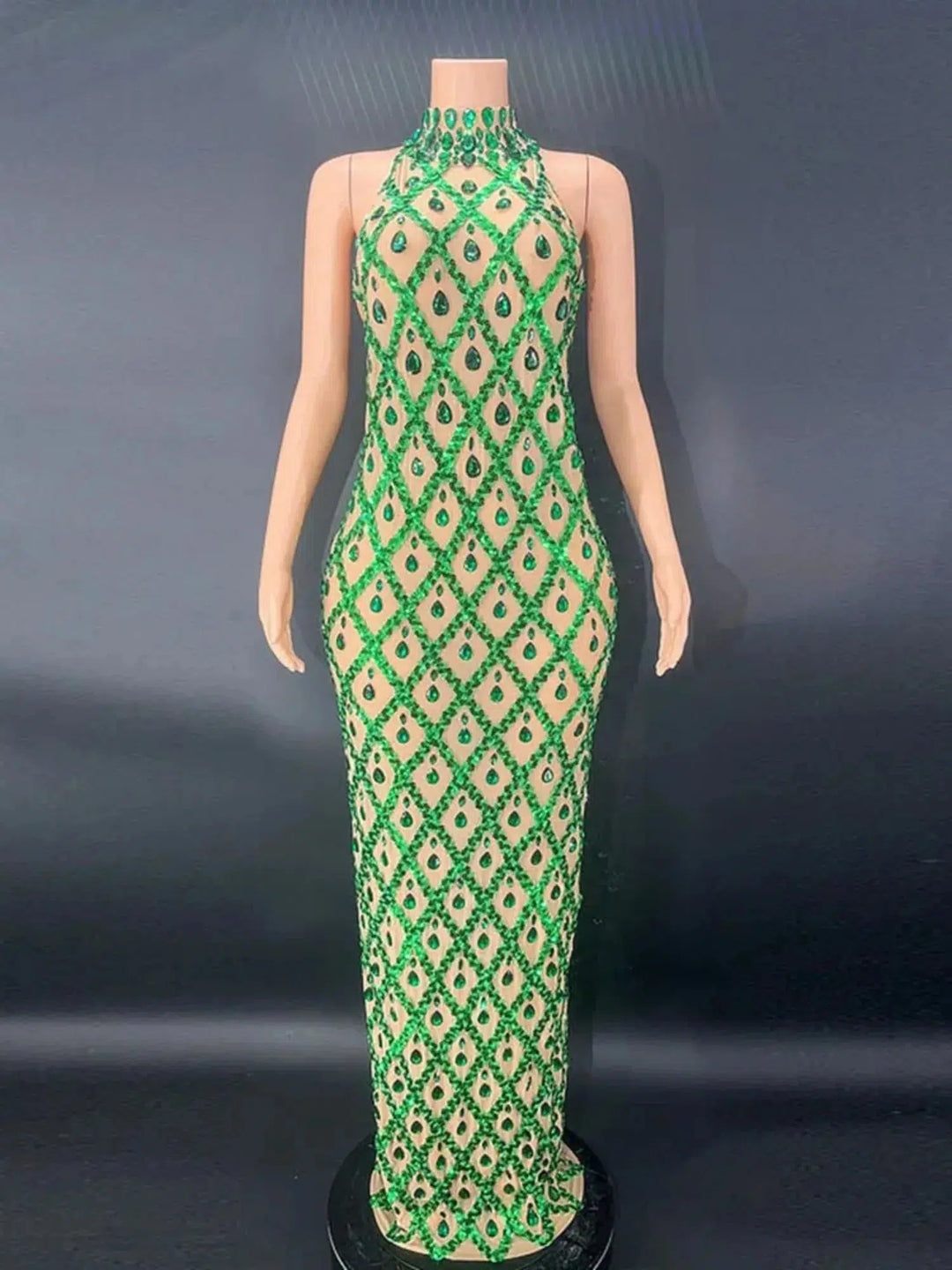 2024 Fashion Celebrity Evening Cocktail Party Maxi Dress Women's High Collar Sleeveless Bodyco Shiny Beaded Design Long Dresses-Bennys Beauty World