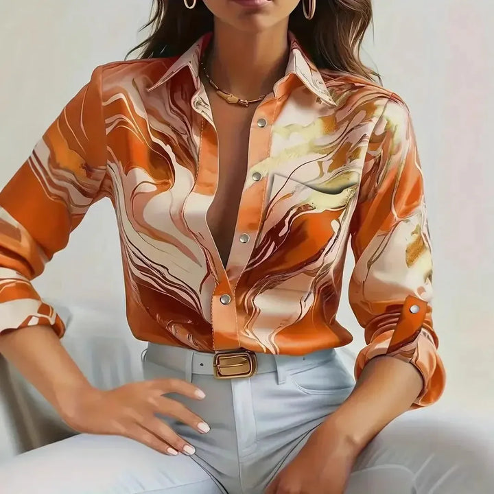 Women’s Printed Button-Up Shirt – Long Sleeve Loose Fit Korean Blouse-Shirt-Bennys Beauty World