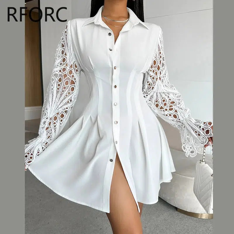 Long Sleeves A-line White Shirt Dress-Bennys Beauty World