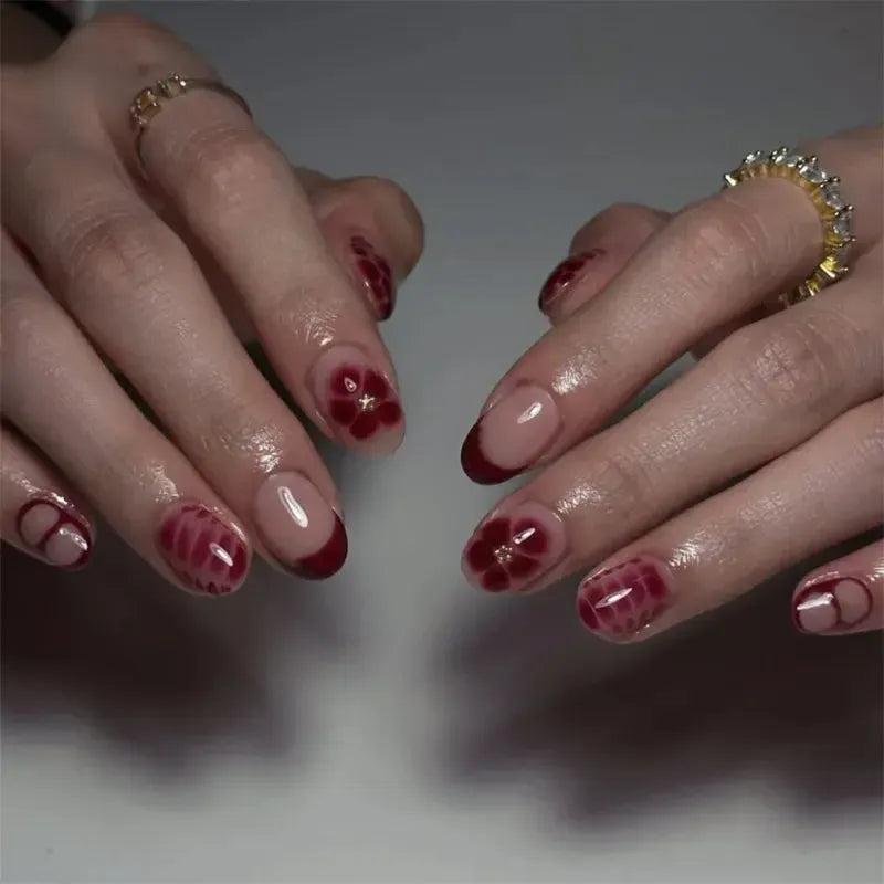 Almond Press-On Nails – 24 Pcs Flower Pattern False Nails | Bennys Beauty World-Nails-Bennys Beauty World