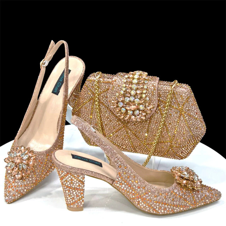 Ladies Italian Design Shoes And Bag Set Decorated with Rhinestone