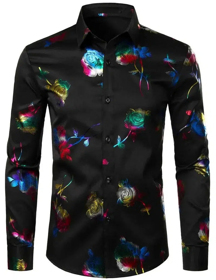 Fashion Men's Shirt Flowers 3D Printing Lapel Button Top Long Sleeve Shirt-shirt-Bennys Beauty World