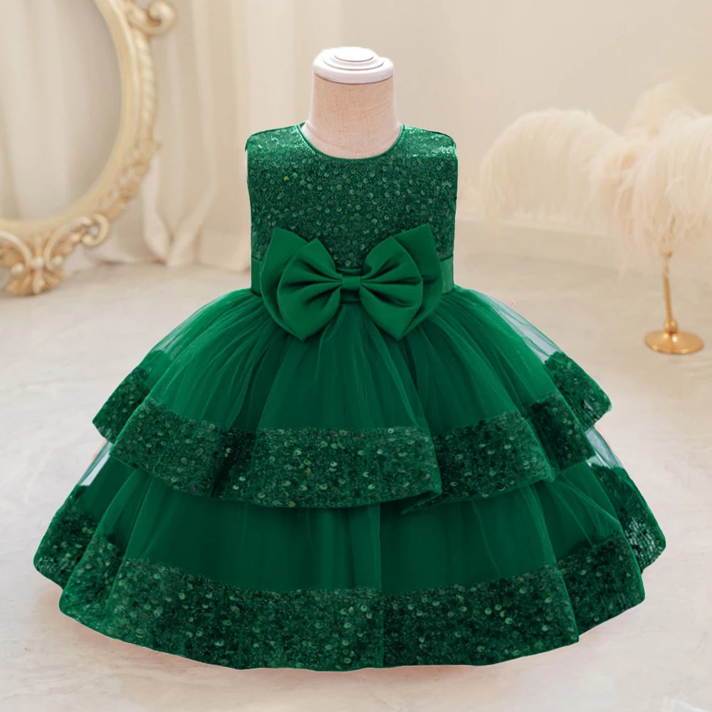 Sequin Bow Baby Girls Party Dresses Toddler 1st Birthday Baptism Dress