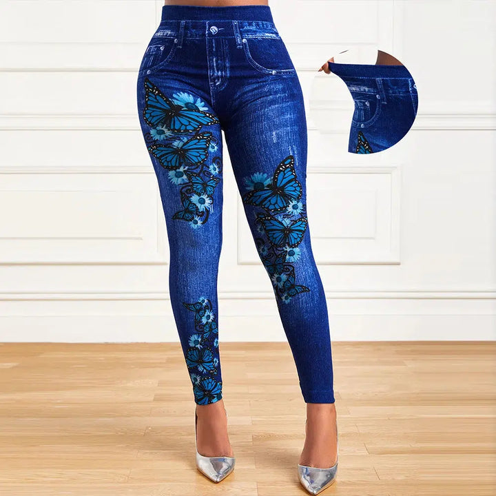 Womens High Waist Stretchy Legging Denim Look Skinny Leggings