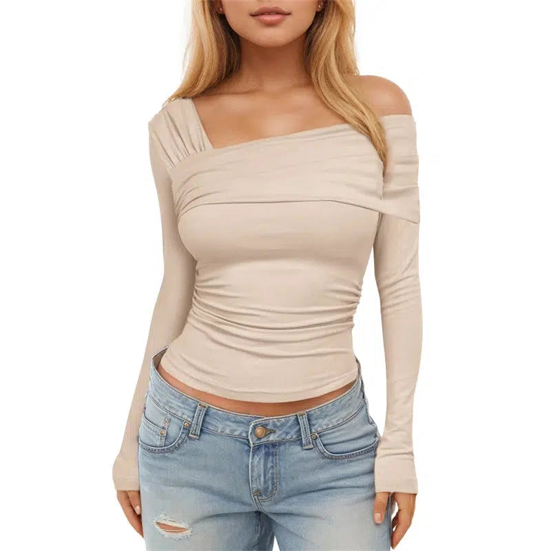 Womens Single Shoulder Long Sleeve T-Shirts-blouse-Bennys Beauty World