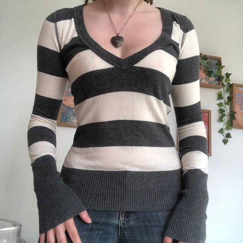 Vintage Knitted Sweater Cutest V Neck Long Sleeve Stripe Jumper-blouse-Bennys Beauty World