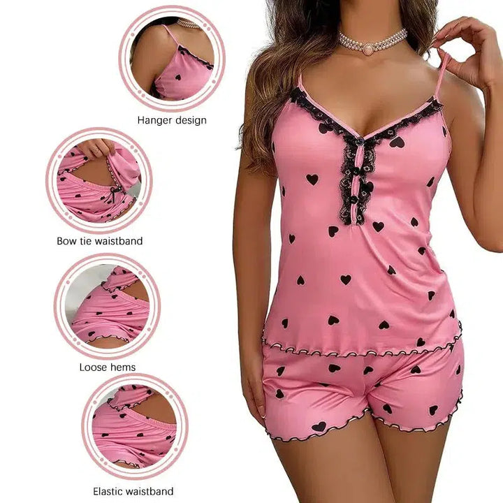 Sexy Summer Two Pieces Women Pajamas Set Deep V-Neck Tops And Shorts Pajama Suit Ladies Sleeveless Nightwear For Female-Bennys Beauty World