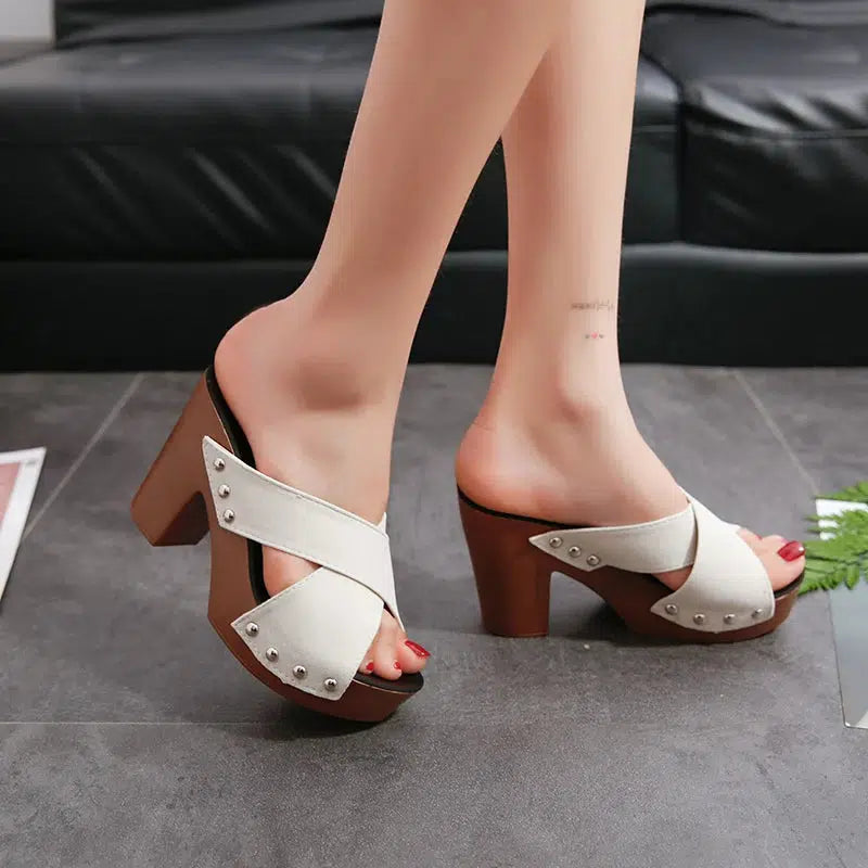 Summer Women Sandals Square High Heel Platform Flock Casual Rivet Pumps Peep Toe Female Elegant Ladies Shoes Zapatos De Mujer-Bennys Beauty World