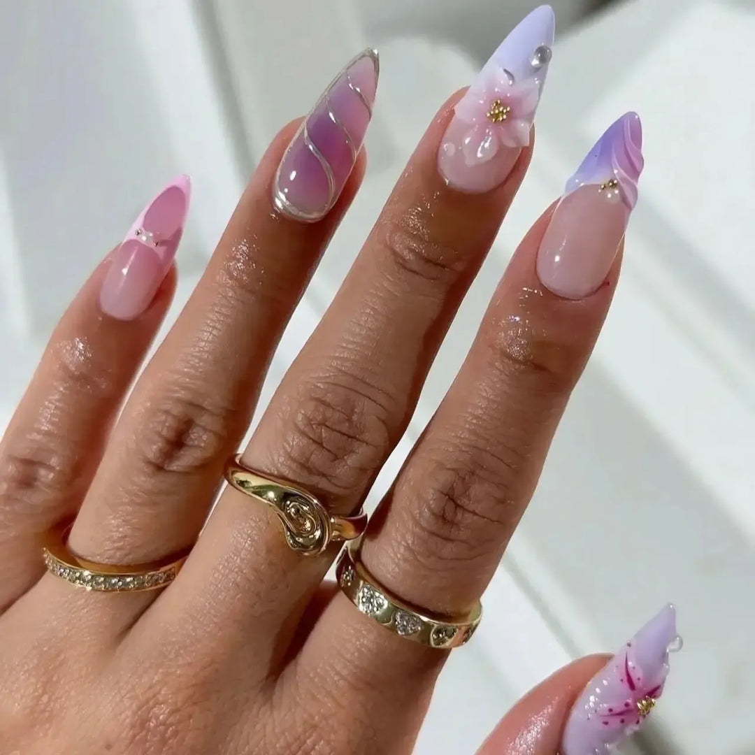 Gradient Pink Almond Press-On Nails – 24 Pcs Flower &amp; Pearl Design False Nails-Nails-Bennys Beauty World