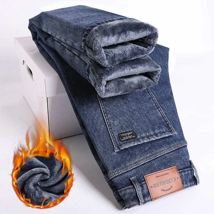 Warm Jeans Men's Slim Straight Elastic Denim Pants