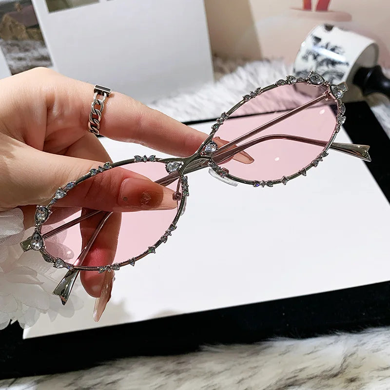 Rhinestone Oval Sunglasses | UV400 Luxury Diamond Metal Frame