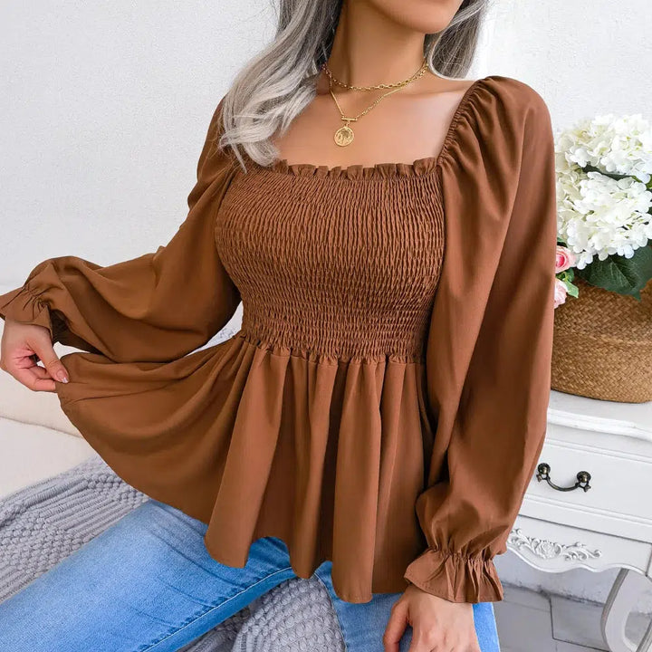 Women Chiffon Blouse 2023 Long Sleeve Casual Ruffles Peplum Top White Red Green Blue Black-Bennys Beauty World