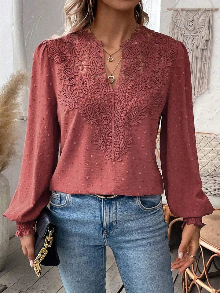 Women's Elegant V-Neck Lace Blouse – Long Sleeve Hollow Out Blouse