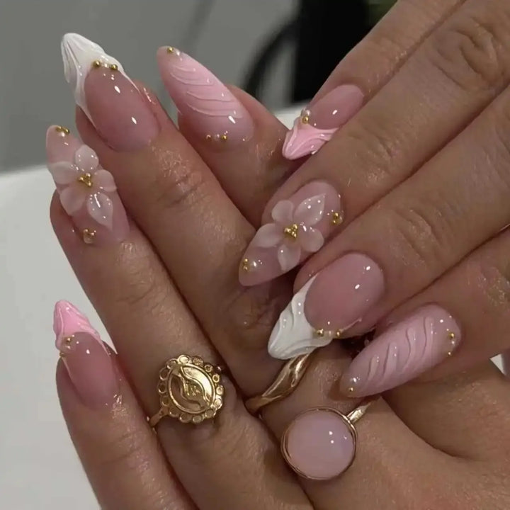 Gradient Pink Almond Press-On Nails – 24 Pcs Flower &amp; Pearl Design False Nails-Nails-Bennys Beauty World