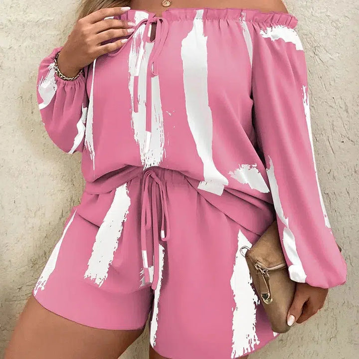 Two Piece Sets Women Print Shorts Pant Set Off Shoulder Full Sleeve Set