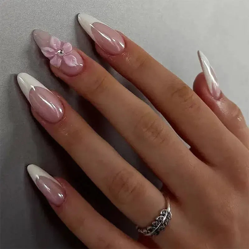 Gradient Pink Almond Press-On Nails – 24 Pcs Flower &amp; Pearl Design False Nails-Nails-Bennys Beauty World