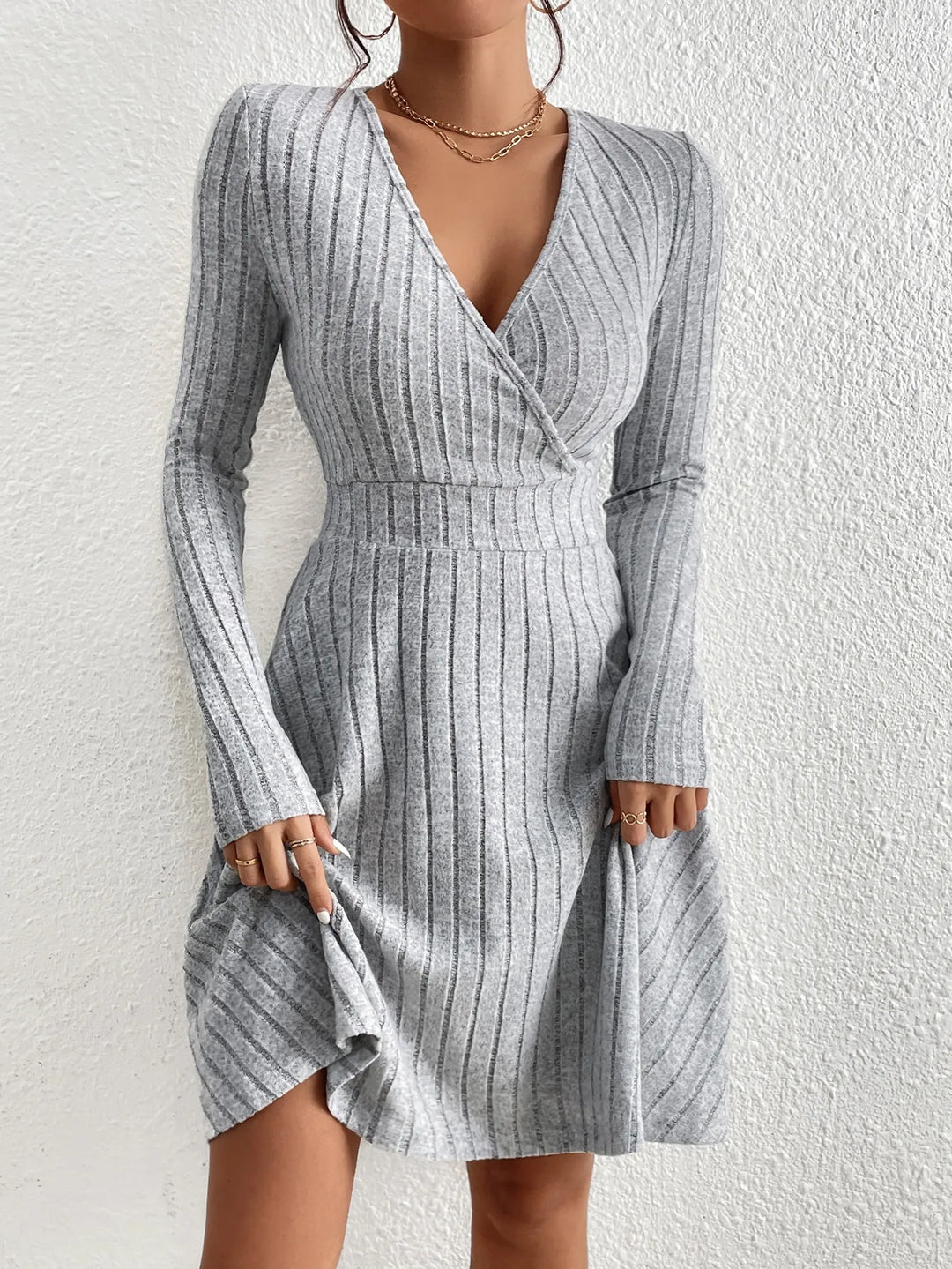 Women's Knit Bodycon Dress V-Neck Long Sleeve Dress