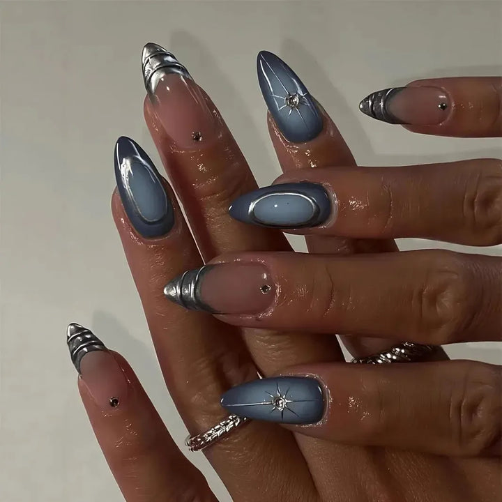 French Almond Press-On Nails – 24 Pcs Blue Star Pattern False Nails-Nails-Bennys Beauty World