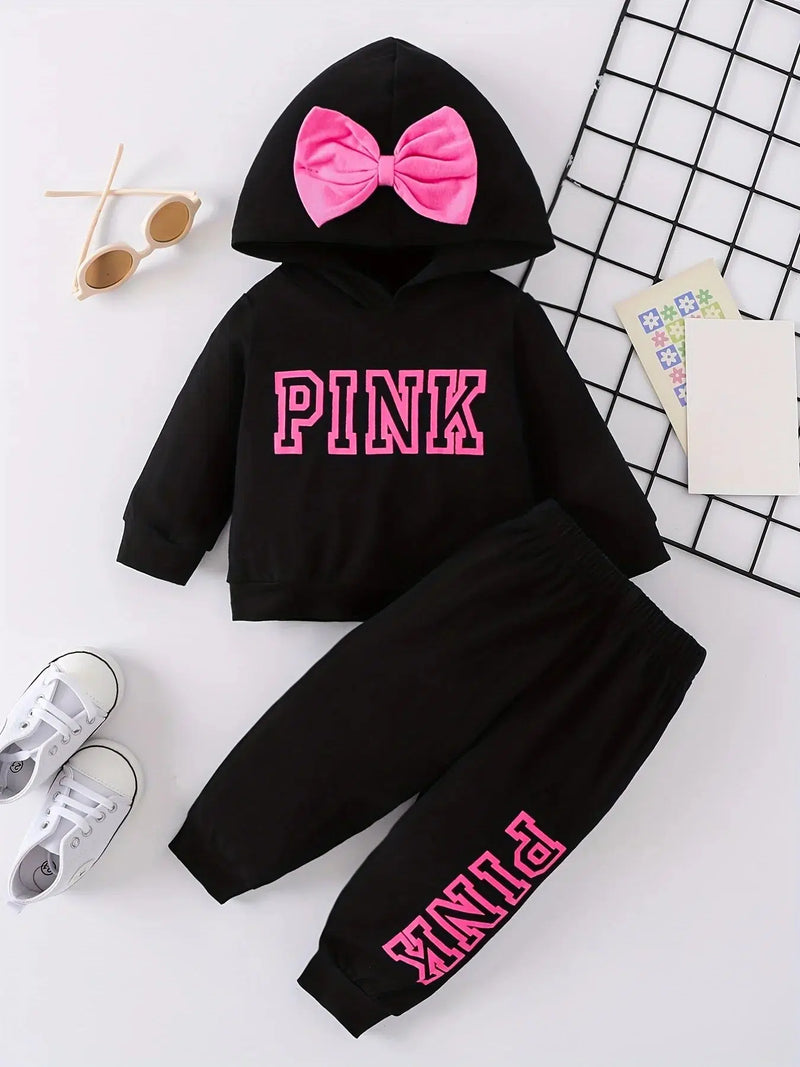 Toddler lively girl baby bow decorated alphabet printed hooded top and pants-kids clothing-Bennys Beauty World