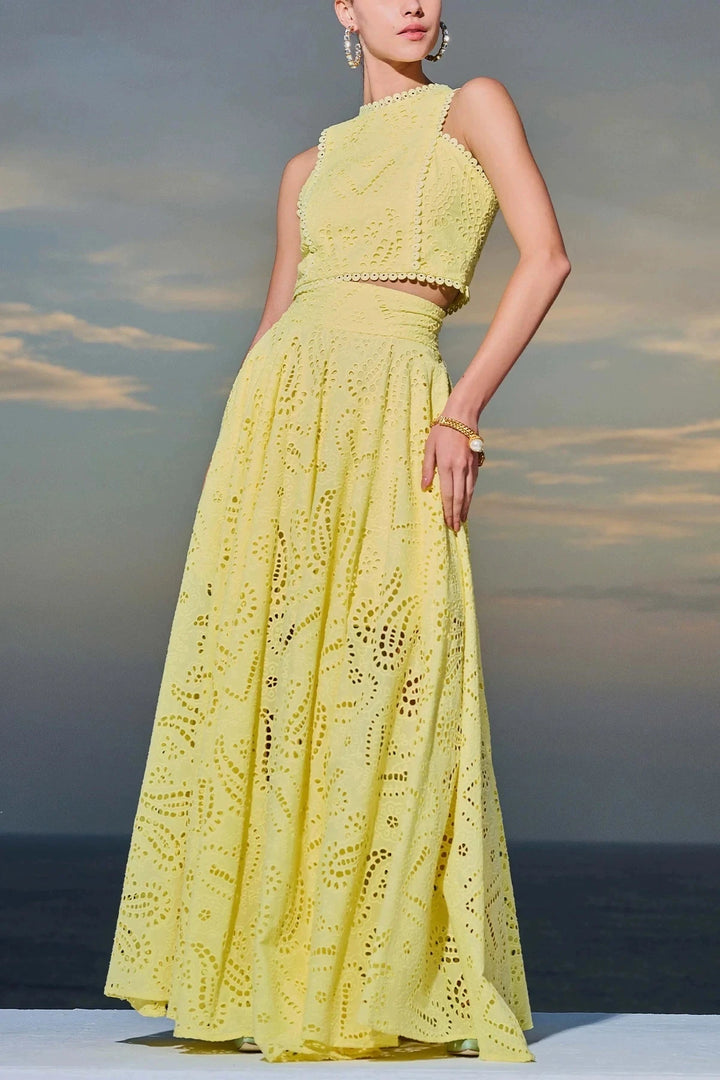 Hollow Out Sleeveless Top Half Skirt Set