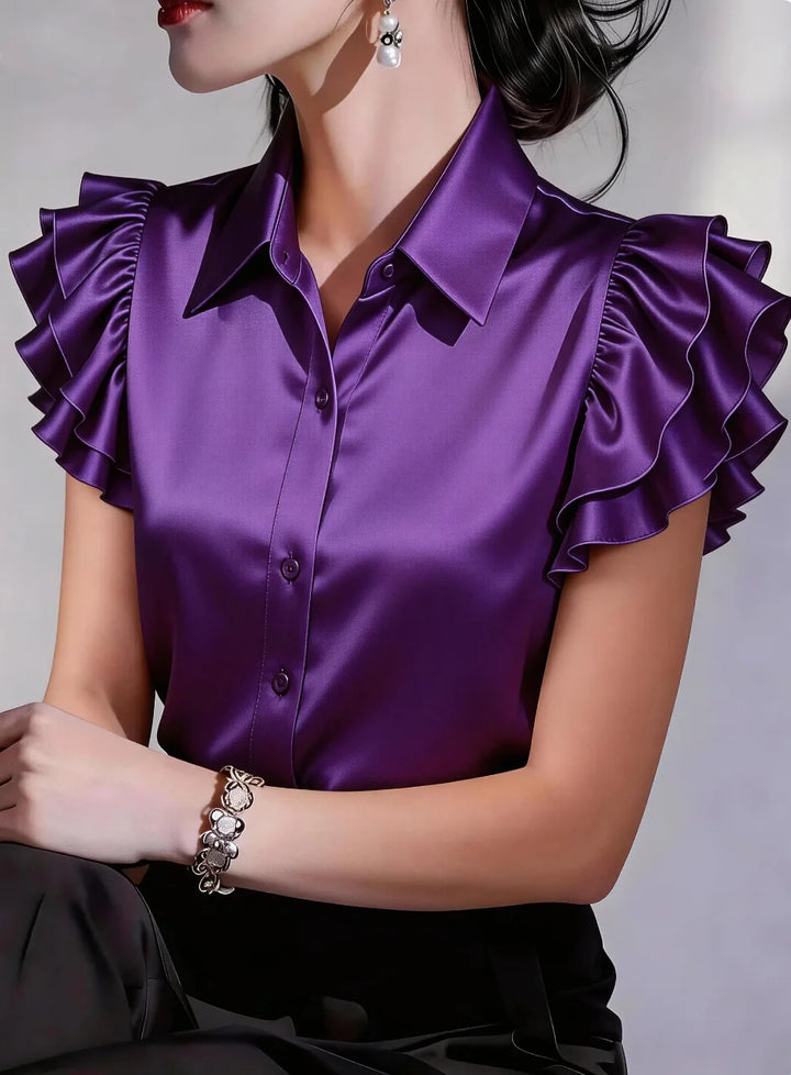 Women's Satin Button-Down Blouse – Ruffle Sleeve Collared Office Shirt