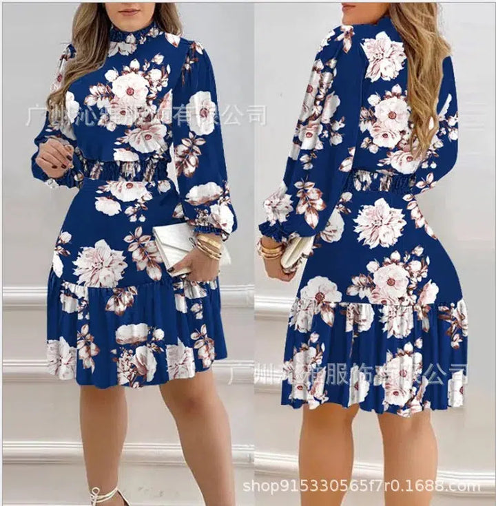 Floral Print Lantern Sleeve Pleated Ruffled Skirt Dress-Dress-Bennys Beauty World