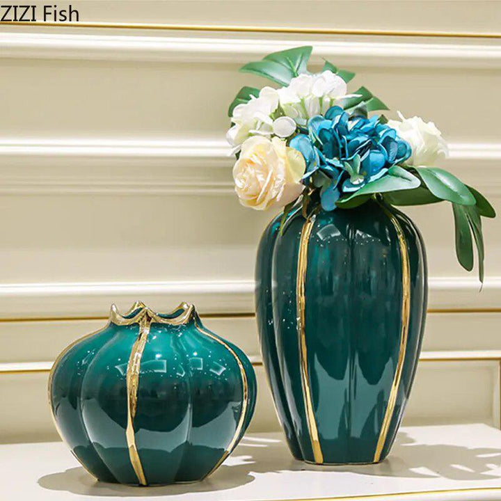 Green Pomegranate Gold-plated Ceramic Vase Desk Decoration Potted Plant Flower Pots Flowers Arrangement Crafts Floral Vases-Arlik interiors