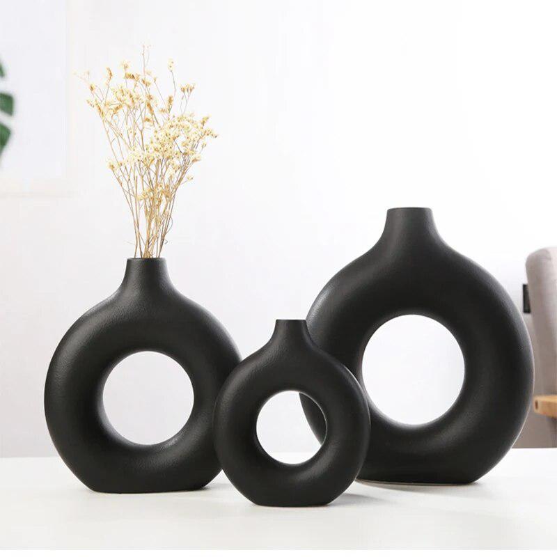 Nordic Ceramic Vase Circular Hollow Donuts Flower Pot Home Living Room Decoration Accessories Interior Office Desktop Decor Gift-Arlik interiors