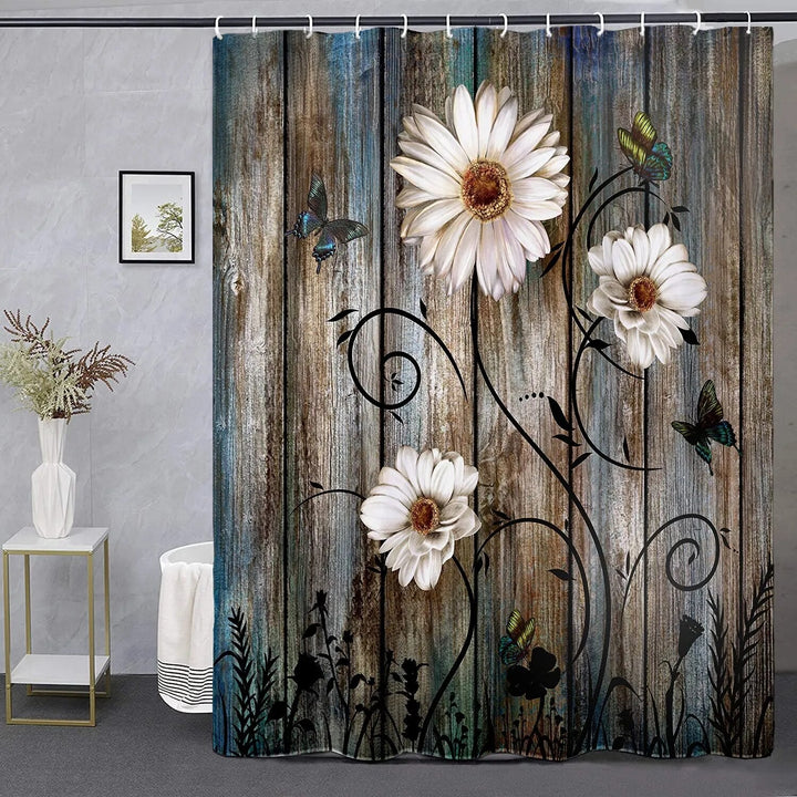 Rustic Shower Curtain Set Grey Floral Fabric Bath Curtain Butterfly Daisy American Country Farm Style Bathroom Decor with Hooks-Arlik interiors