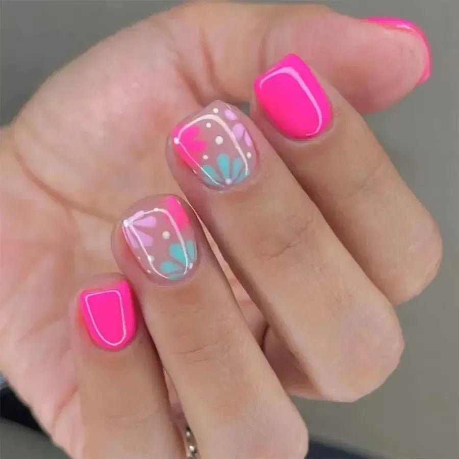 Short Square French Flower Press - On Nails 24 Pcs - Bennys Beauty World