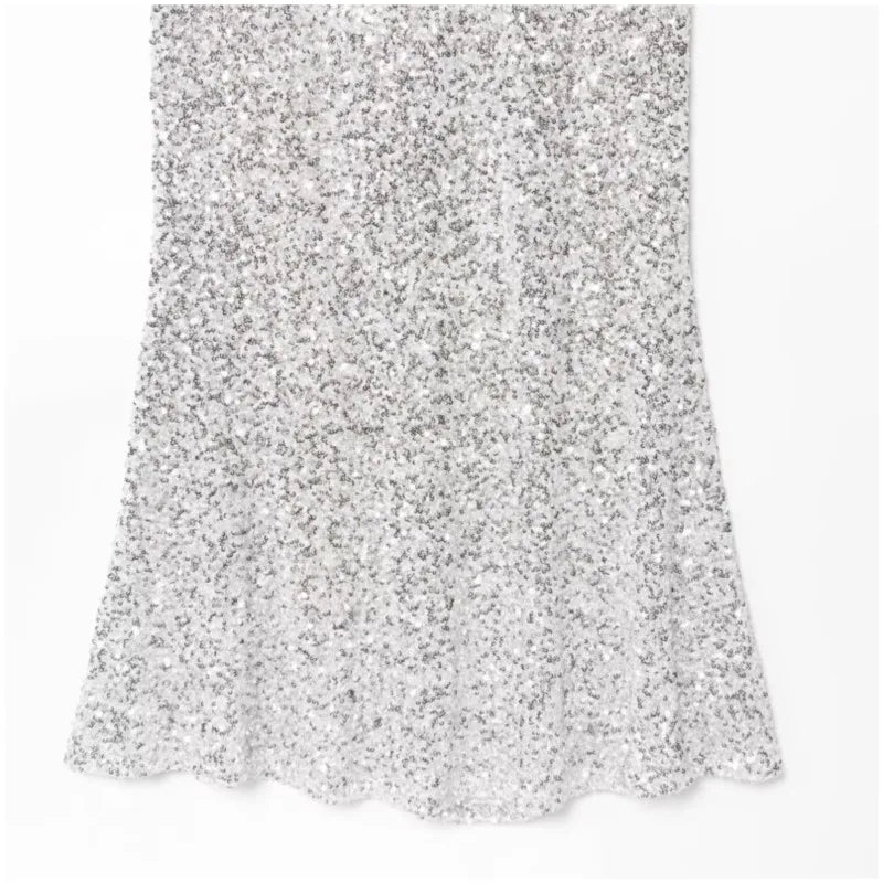 Silver Sequin Backless Evening Dress