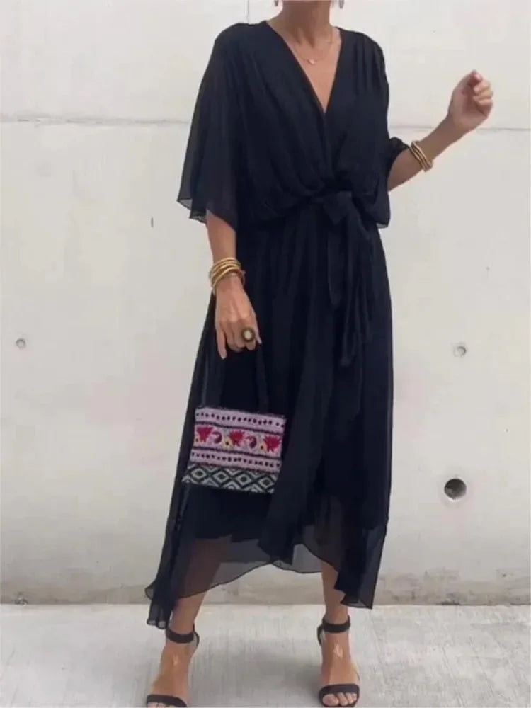 Women's Summer Dresses Solid Color Bat Sleeves Long Dress-Dresses-Bennys Beauty World