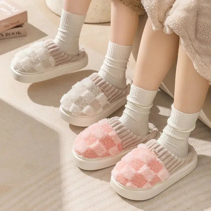 Warm Plaid Cotton Slippers Womens Indoor Non-slip Shoes