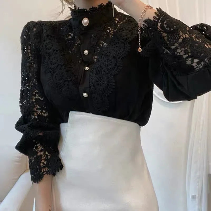 Elegant Lace Tops Embroidery Hollow Out Solid Tunic Blouse