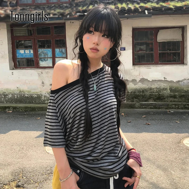 T-Shirt For Women Striped Off-Shoulder Grunge Tops