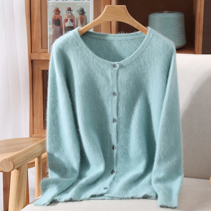 New Women 100% Mink Cashmere Sweater O-Neck Buttons Cardigan Autumn Winter Soft Warm Cable Kint Sweater Casual Long  Sleeve Tops