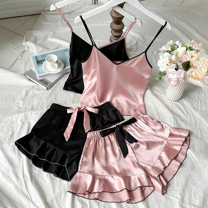 Women's Smooth Satin Pajamas V-Neck T-Shirt Outfit