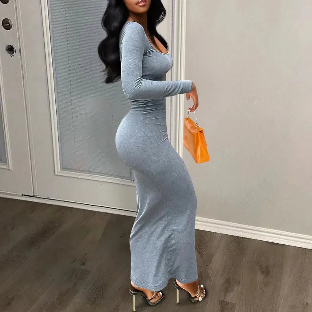 Women Dresses Long Sleeve Sheath Square Collar Slim Fit Dress Vestidos Slight Strech Streetwear Solid Sexy Wrap Buttocks-Bennys Beauty World