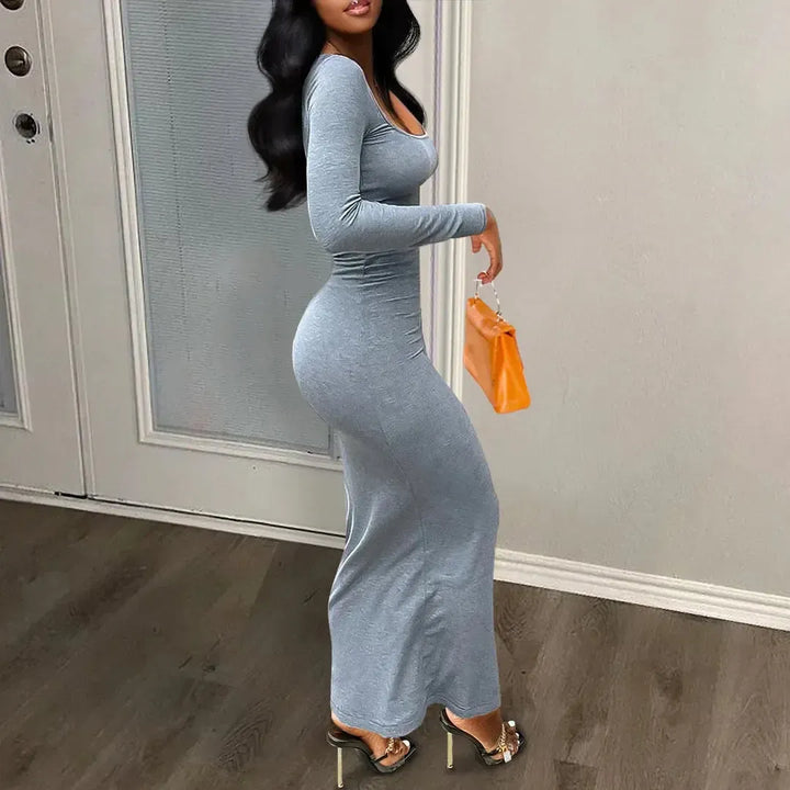Women Dresses Long Sleeve Sheath Square Collar Slim Fit Dress Vestidos Slight Strech Streetwear Solid Sexy Wrap Buttocks-Bennys Beauty World