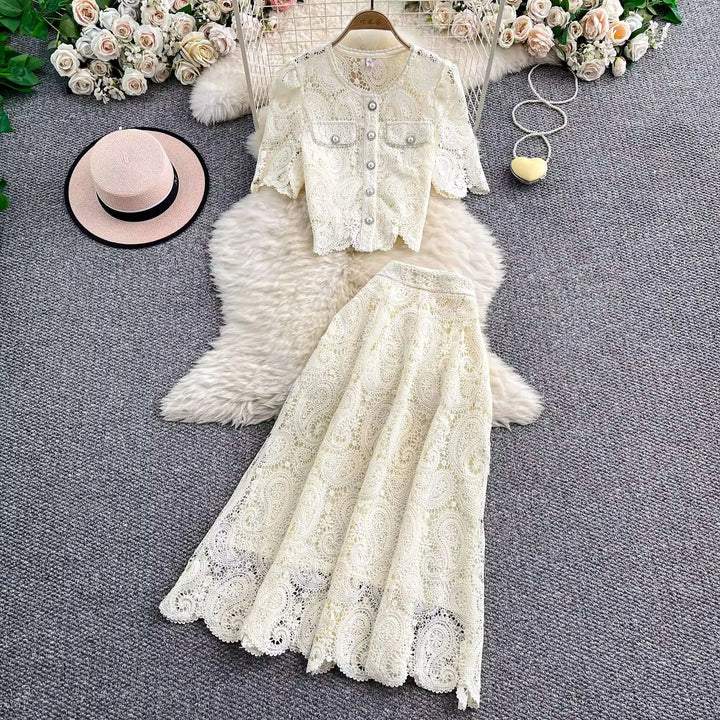 Elegant Pearl Long Dress Suits Women 2-Piece Sets