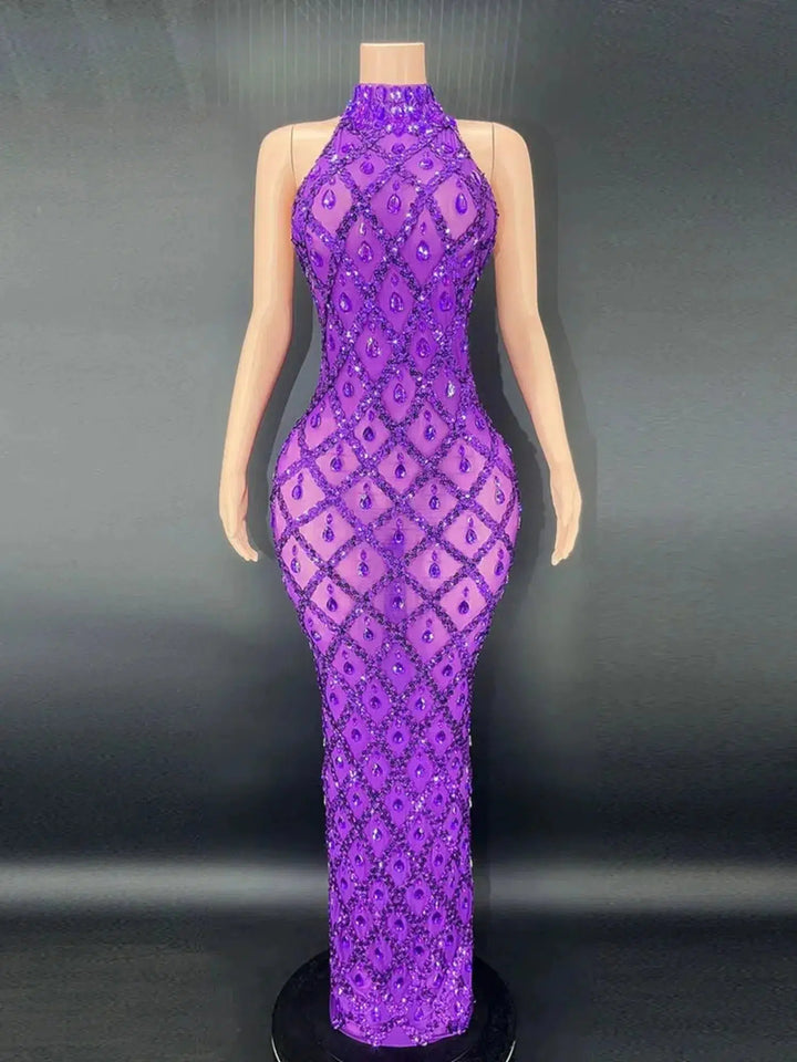 2024 Fashion Celebrity Evening Cocktail Party Maxi Dress Women's High Collar Sleeveless Bodyco Shiny Beaded Design Long Dresses-Bennys Beauty World