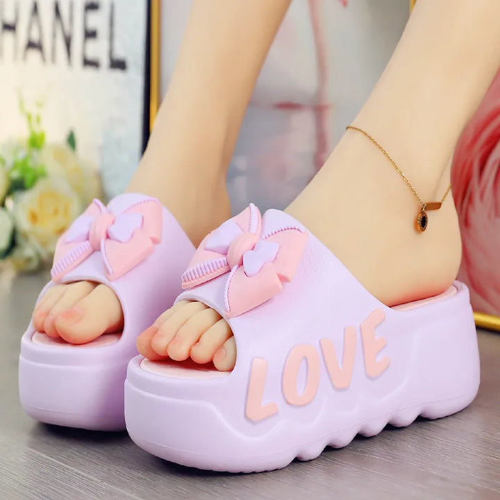 White Pink Bow-knot Slippers Woman High Platform EVA Slides