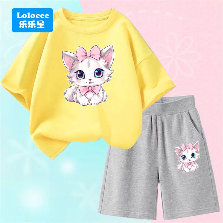Girls Bow Cat Print T-Shirt &amp; Shorts Set | 2-Piece Summer Outfit | Ages 3–14