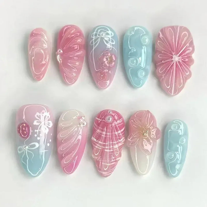 Gradient Pink Almond Press-On Nails – 24 Pcs Flower &amp; Pearl Design False Nails-Nails-Bennys Beauty World