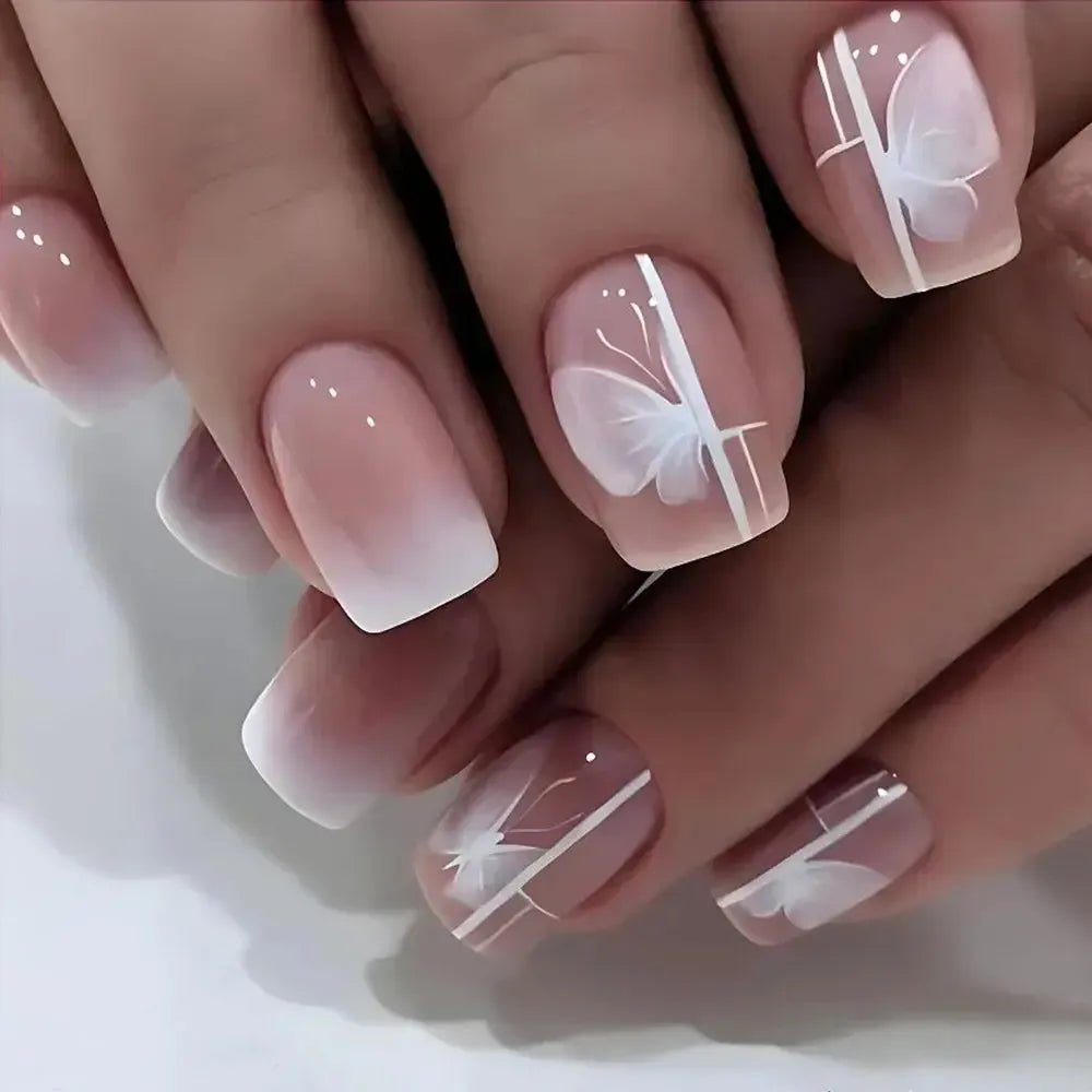 Short Square French Flower Press - On Nails 24 Pcs - Bennys Beauty World