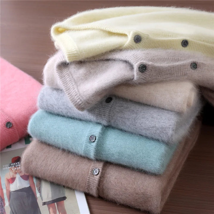 New Women 100% Mink Cashmere Sweater O-Neck Buttons Cardigan Autumn Winter Soft Warm Cable Kint Sweater Casual Long  Sleeve Tops