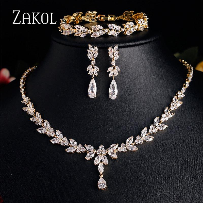 Zirconia Leaf Necklace Earrings Rings Bracelets Set for Women-necklace-Bennys Beauty World