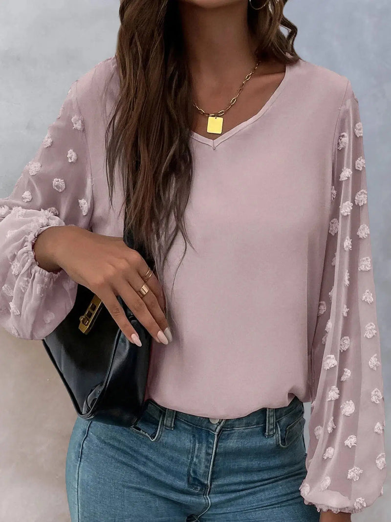 Women Elegant Solid Color Blouses Shirts Casual V Neck Puff Short Sleeve Blouse Tops Ladies Office Wear Shirt-Bennys Beauty World