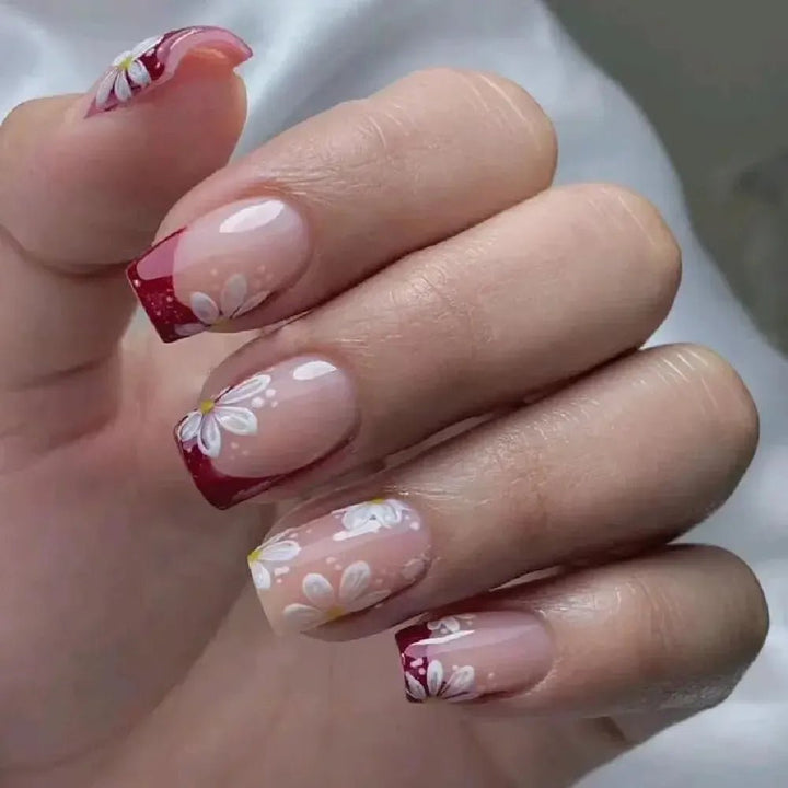 Short Square French Flower Press - On Nails 24 Pcs - Bennys Beauty World