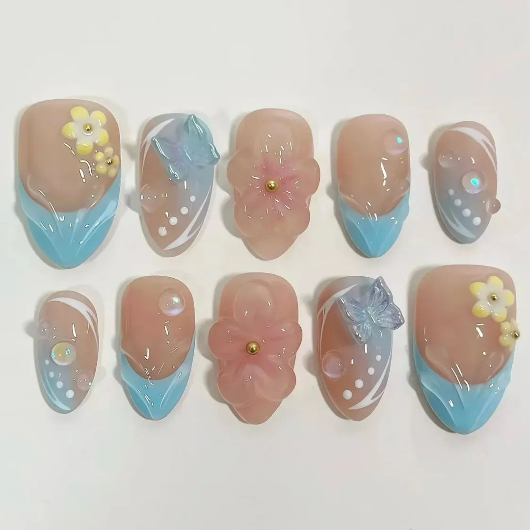 Gradient Pink Almond Press-On Nails – 24 Pcs Flower &amp; Pearl Design False Nails-Nails-Bennys Beauty World